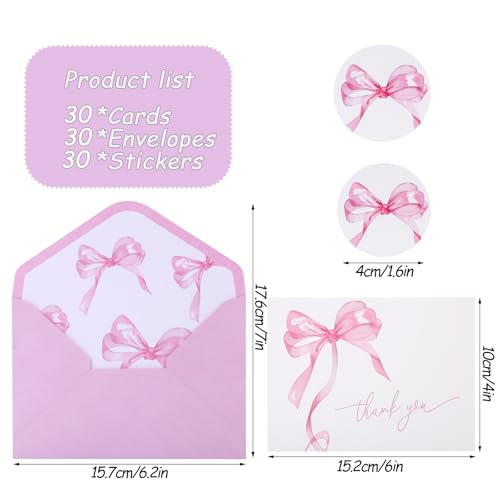 30-Pack Pink Bow Thank You Cards with Envelopes & Stickers