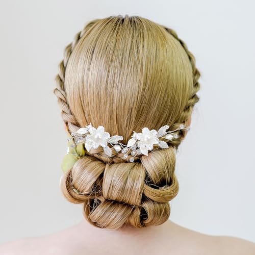 Sorcristy Bridal Flower Hair Clips Set - White Pearl & Silver Leaf Vine