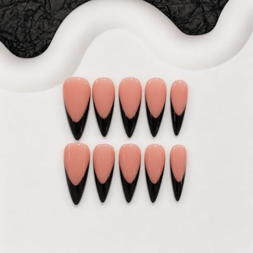 Handmade Long Stiletto Press-On Nails - Glossy Black French Tip Design
