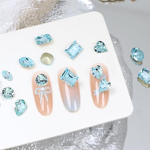 DONGZHOU 72pcs Mix Shape Aquamarine Glass Nail Rhinestones for DIY Nail Art & Crafts
