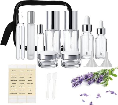 Silver-Transparent Glass Travel Bottles Set - TSA Approved Leak-Proof Toiletry Containers, 18 Pack