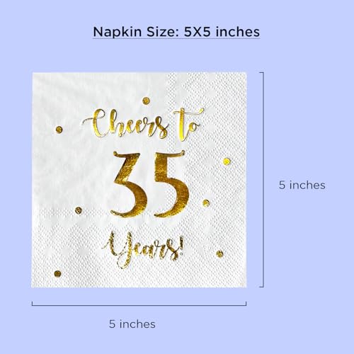 Cheers to 35 Years Cocktail Napkins - 50 Pack, 3-Ply White with Gold Foil