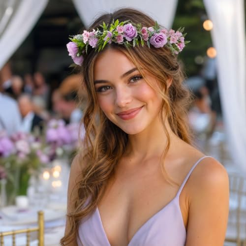 Purple Rose Flower Crown Headband - Adjustable Floral Headpiece for Women