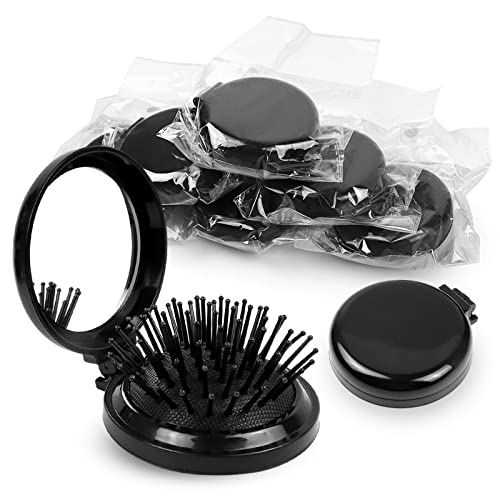 20 Pack Folding Travel Hair Brushes with Mirrors - Black, Compact & Detangling