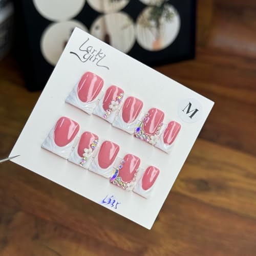 BRKYKGK Short Duck Press on Nails M - 10Pcs White Floral Acrylic