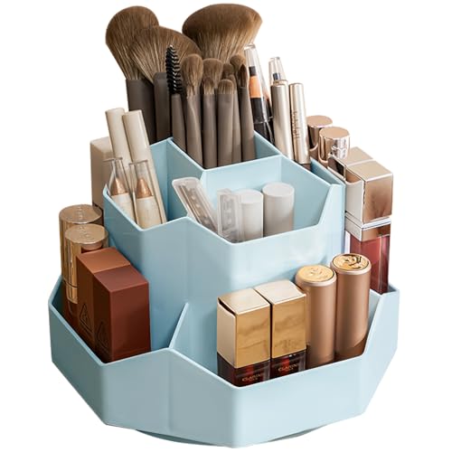360° Rotating Blue Makeup Brush Holder Organizer - 9 Slots