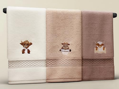 Highland Cow Hand Towels – Set of 3, 100% Cotton, Rustic Design