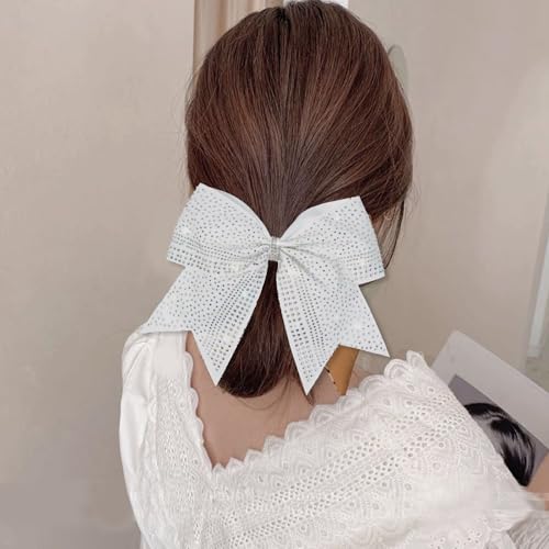 White 8-Inch Glitter Cheer Hair Bow with Rhinestones - Large Sports Pom-Pom Accessory