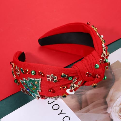 NVENF Plaid Christmas Headband with Pearls and Crystals - Wide Knot