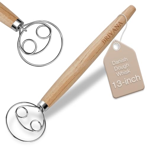 Danish Dough Whisk 13-Inch - Double Loop Bread Mixer with Wooden Handle