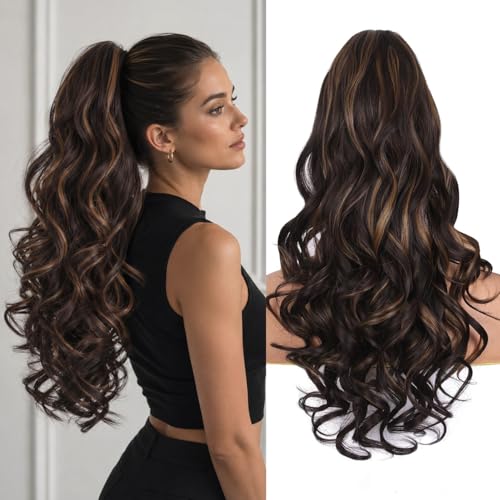 24 Inch Dark Brown & Honey Blonde Highlighted Ponytail Extension - Soft Wavy Claw Clip