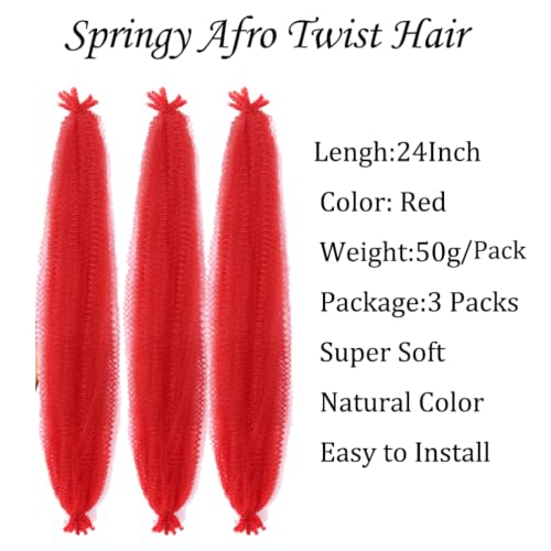 Jiefeng Red Afro Twist Hair 24 Inch - 3 Packs Springy Crochet Braids