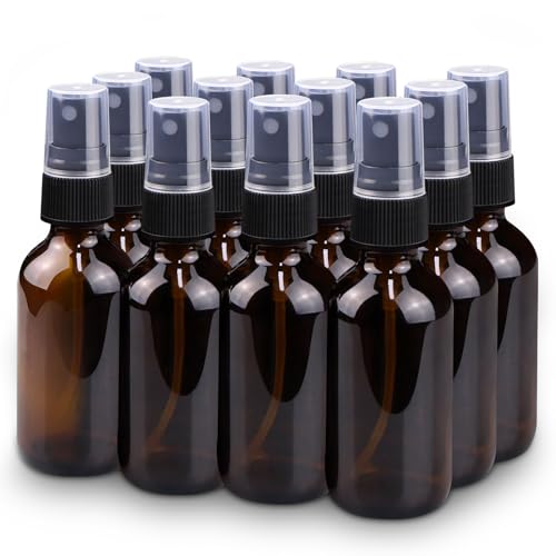 Wedama Amber 2 oz Glass Spray Bottle Set (12 Pack) Fine Mist Refillable Containers