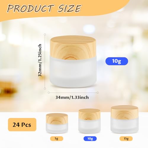 24 Pcs 10g Frosted Glass Cream Jars with Wood Grain Lids for Cosmetics