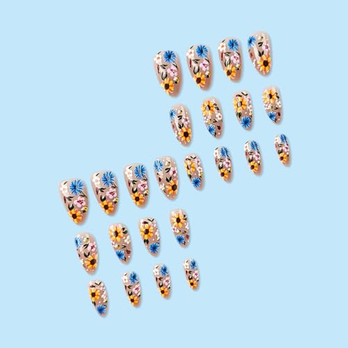 Dulyork 24 Pcs Medium Almond Flower Press On Nails - Spring Floral Designs
