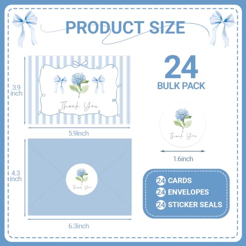 24 Pack Blue Hydrangea Thank You Cards with Envelopes - Elegant Floral Design