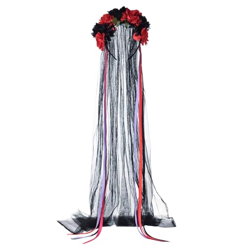 Day of The Dead Flower Headband with Red Black Veil Halloween Costume Accessory