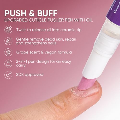 Cuticle Oil Pusher Pen 2-in-1 Clean & Moisturize | Removes Dead Skin & Dirt from Nail Edges | Nourishing Jojoba & Almond Oils | At-Home or On-the-Go Manicure for Women & Men (Grape)