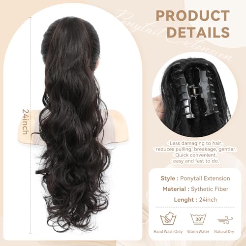 24" Curly Wavy Ponytail Extension with Claw Clip - Natural Synthetic Hairpiece