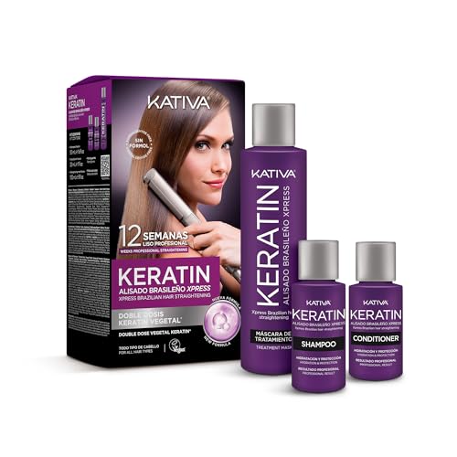 Kativa Brazilian Keratin Express Straightening Kit, Formaldehyde Free At-Home Hair Straightening System for Intensive Frizz Reduction and Sleek Results, Vegan, Up to 12 Weeks