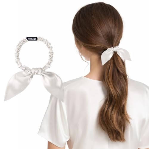THXSILK Mulberry Silk Scrunchies with Bow for Women - White