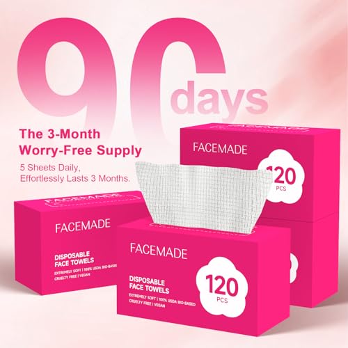 FACEMADE 480 Count Disposable Face Towels – 4 Packs, 7.9 x 7.9 in, Biobased Soft Facial Wipes