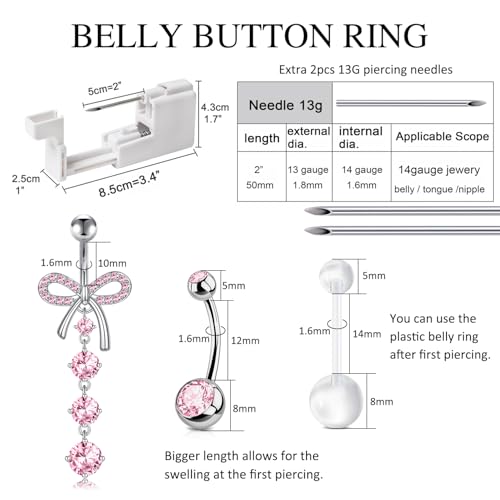 DJCIW 12PCS Belly Button Piercing Kit with 14G CZ Butterfly Ring, Silvery Pink, 10mm-14mm