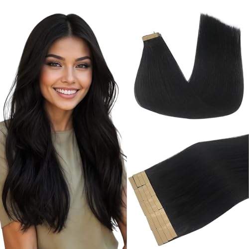 DOORES Tape in Hair Extensions Human Hair, Jet Black 20 Inch 50g 20pcs,Skin Weft Seamless Tape in Real Remy Straight Hair for Women