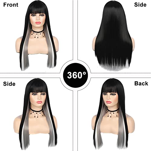 Kaneles Long Straight Synthetic Wig with Bangs - Black Mix Grey