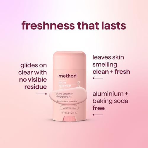 Method Deodorant Stick, Pure Peace - 24-Hour Odor Protection, Aluminum & Baking Soda Free, Notes of Peonies, Rose Water & Jasmine, 2.65 oz