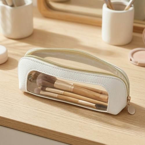 Portable Makeup Brush Bag with Zipper - White Pebbled Cosmetic Organizer