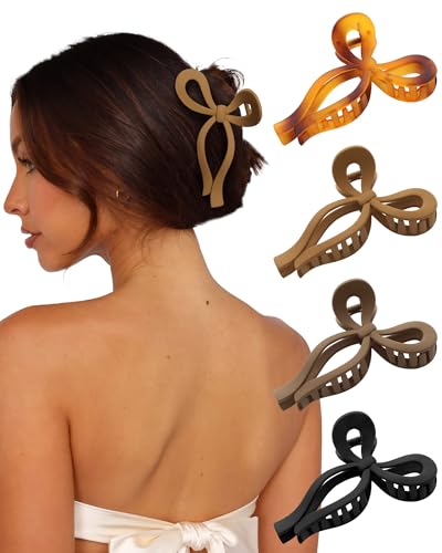 CHLINS 4 Pack Jumbo Bow Hair Claw Clips for Thick Hair, Tortoise+Camel+Black+Coffee