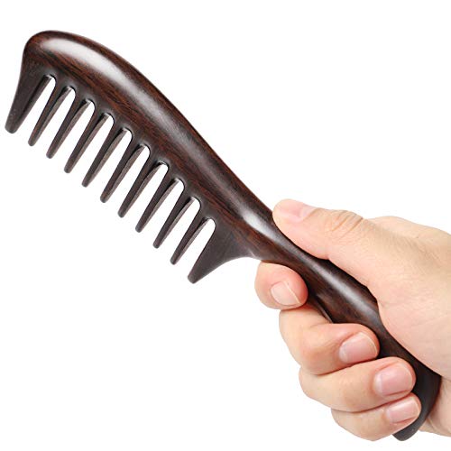 Onedor Black Sandalwood Hair Comb Round Handle Extra Wide Tooth - Anti-Static Natural Detangler
