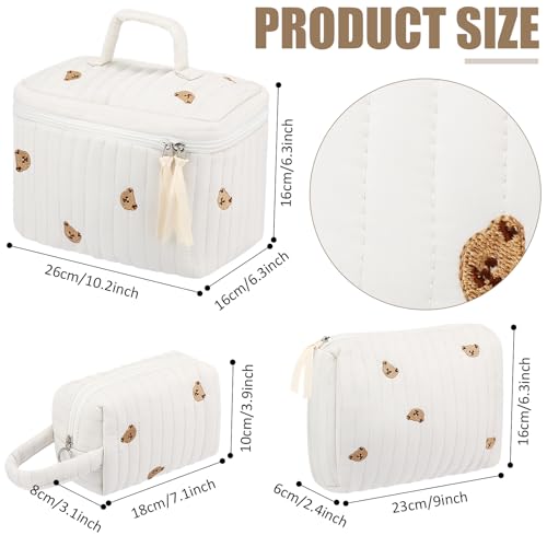 Paterr 3-Piece Quilted Cotton Makeup Bag Set - Little Bear White