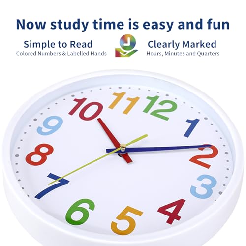 Silent Wall Clock for Kids - 9 Inch Quartz Time Teaching Decor