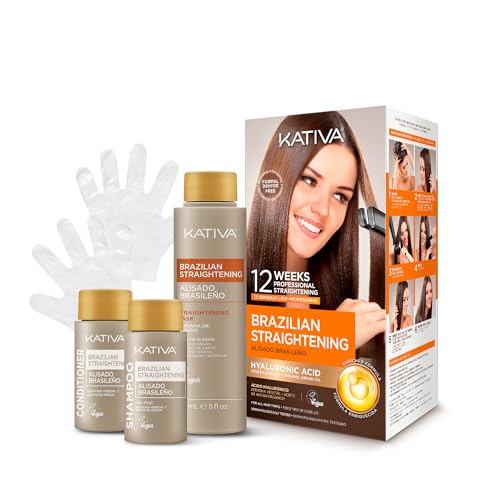 KATIVA Brazilian Keratin Treatment Kit at home Formaldehyde Free Hair Straightening with Hyaluronic Acid, Up to 12 Weeks Frizz Control for Curly, Wavy, Frizzy Hair (Straightening Kit)