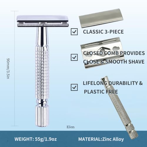 Double Edge Safety Razor with 3 Platinum Coated Blades