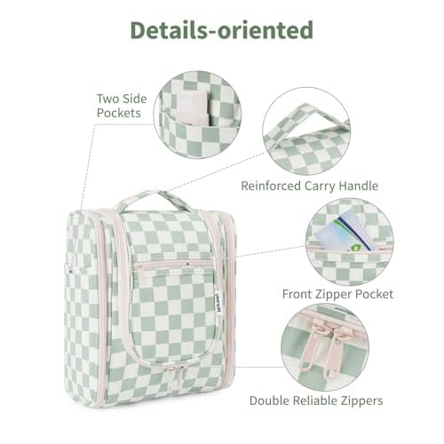 Narwey Hanging Travel Toiletry Bag for Women, Travel Bag for Toiletries, Checkered Makeup Bag Organizer, Cosmetic Make Up Bags for Travel Size Essentials, Skincare, Brushes (Mint Green Checkerboard)