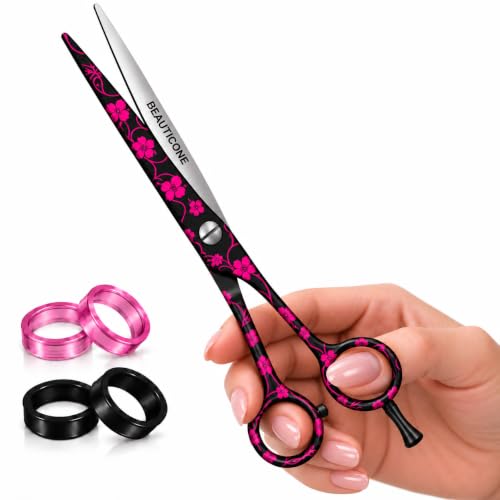 Beauticone Pink Flower Hair Cutting Scissors 6.5" Professional Salon Shears with Serrated & Razor Edge, Lightweight & Ergonomic, Gift Box