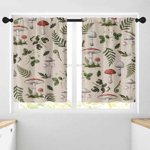 Arttown Mushrooms Kitchen Curtains - 36 Inch, 2 Pack Rod Pocket Drapes