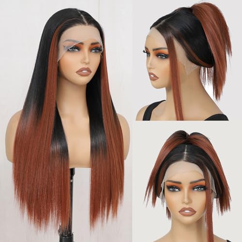 CLIONE 24 Inch Ombre Highlight Straight Lace Front Wig for Black Women - Pre-Plucked Synthetic Hair, Glueless, Beginner-Friendly