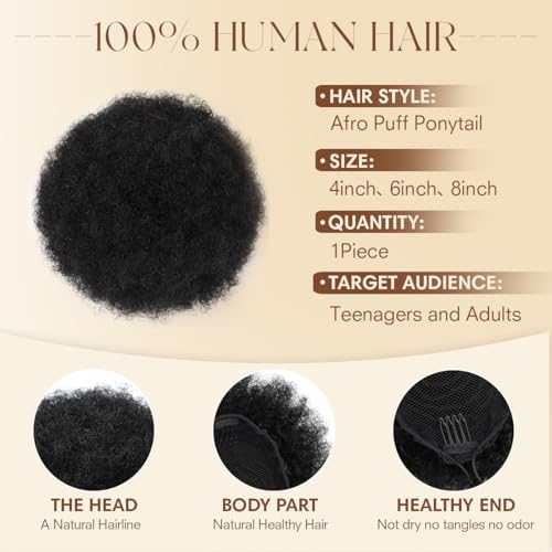 KISANOF 4-Inch Afro Puff Drawstring Ponytail - 100% Brazilian Human Hair