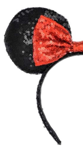 A Miaow Sequin Mouse Ears Headband with Red Bow - Black & Red Party Hair Accessory
