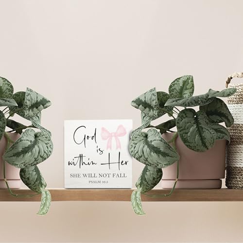 Christian Inspirational Wooden Box Sign with Pink Bow - 5x5 Inches