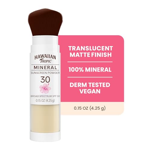 Hawaiian Tropic Mineral Powder Sunscreen Brush SPF 30, SPF Powder Sunscreen for Face, Brush On Sunscreen Powder for Face, Translucent Powder SPF 30, Hawaiian Tropic Sunscreen Powder, 0.15 oz