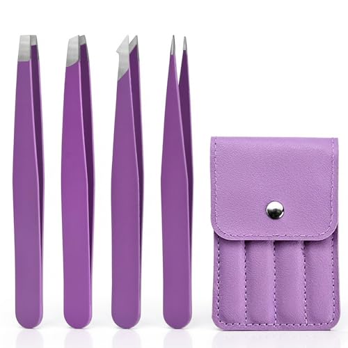 Purple Stainless Steel Tweezers Set with Travel Case - Precision Eyebrow & Facial Hair Removal