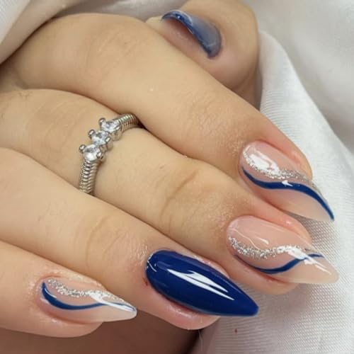 Swirl Blue Press-On Nails - Medium Length Almond Fake Nails with Glitter and Designs for Women