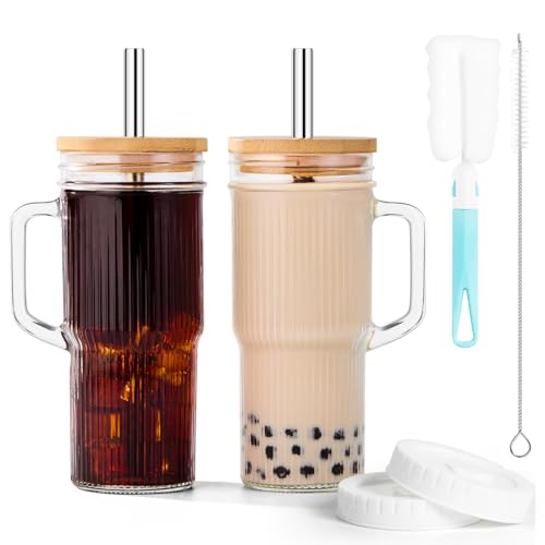 JunVpic 24 oz Glass Tumbler with Bamboo Lid & Handle - Iced Coffee, Smoothies, Tea