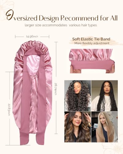 YANIBEST Extra Long Satin Sleep Bonnet with Adjustable Tie Band