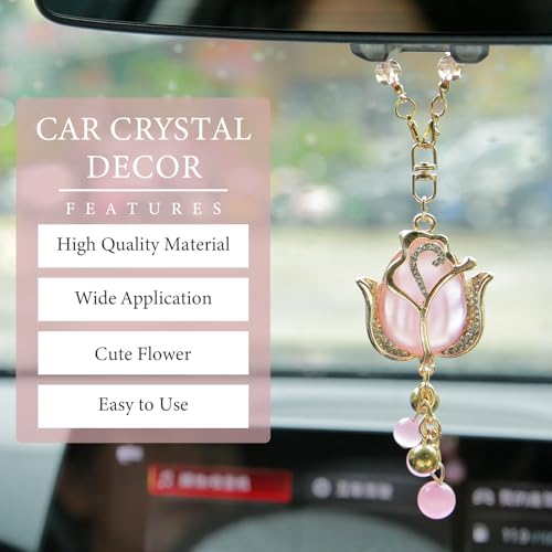Pink Tulip Car Mirror Charm - 9-Inch Cat's Eye Stone Ornament